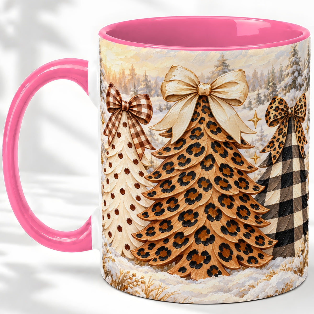 #pl[11oz|Pink] Leopard Print Christmas Trees Accent Mug, Ceramic Coffee Cup
