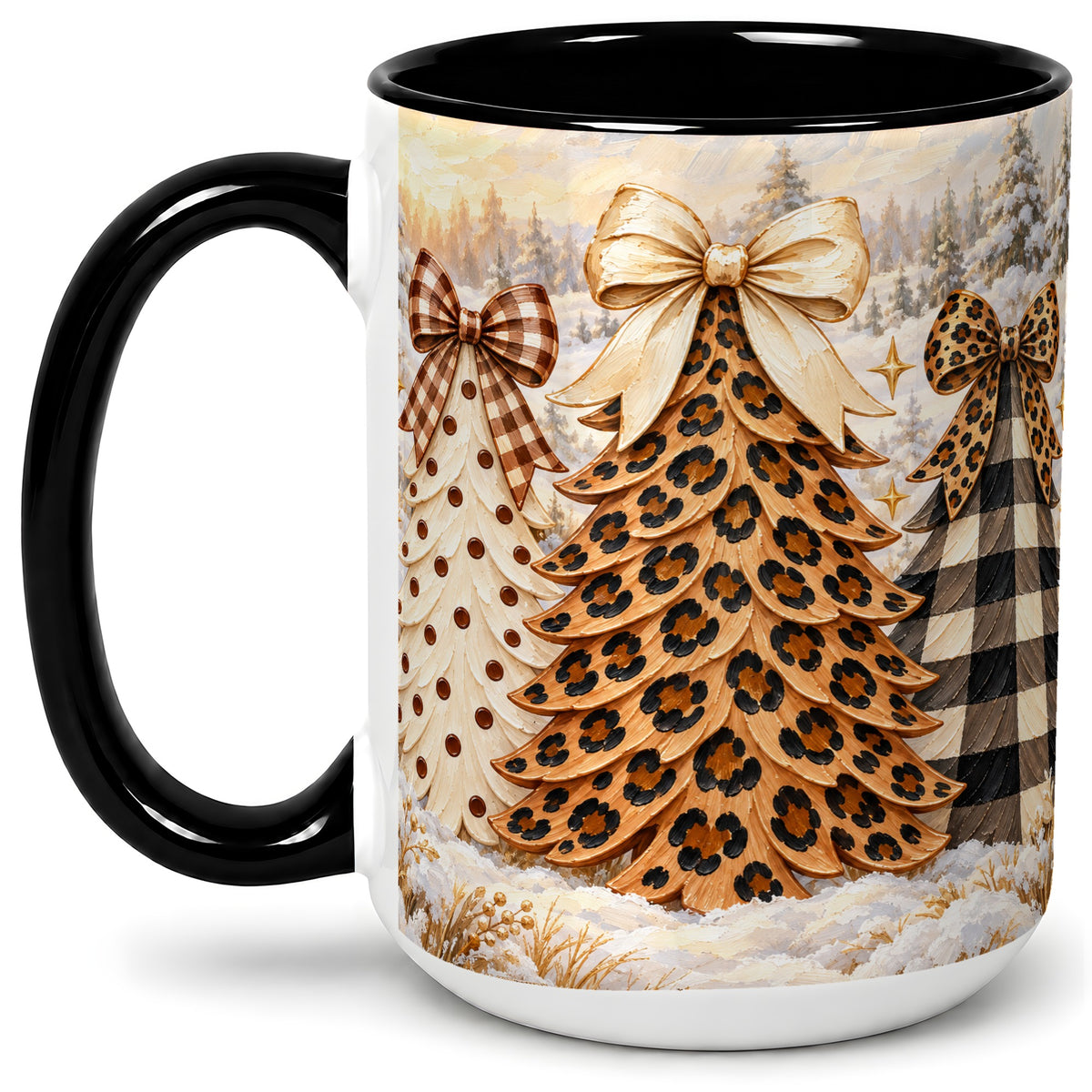 #pl[15oz|Black] Leopard Print Christmas Trees Accent Mug, Ceramic Coffee Cup