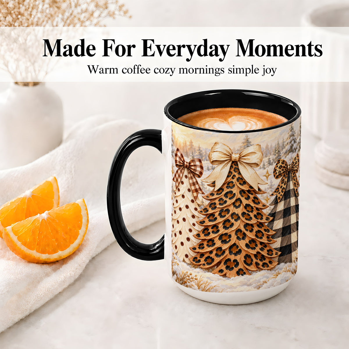 #pl[15oz|Black] Leopard Print Christmas Trees Accent Mug, Ceramic Coffee Cup