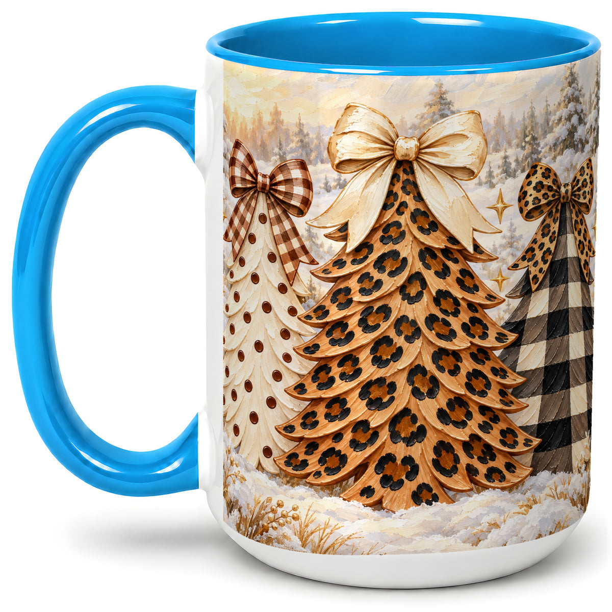 #pl[15oz|Blue] Leopard Print Christmas Trees Accent Mug, Ceramic Coffee Cup