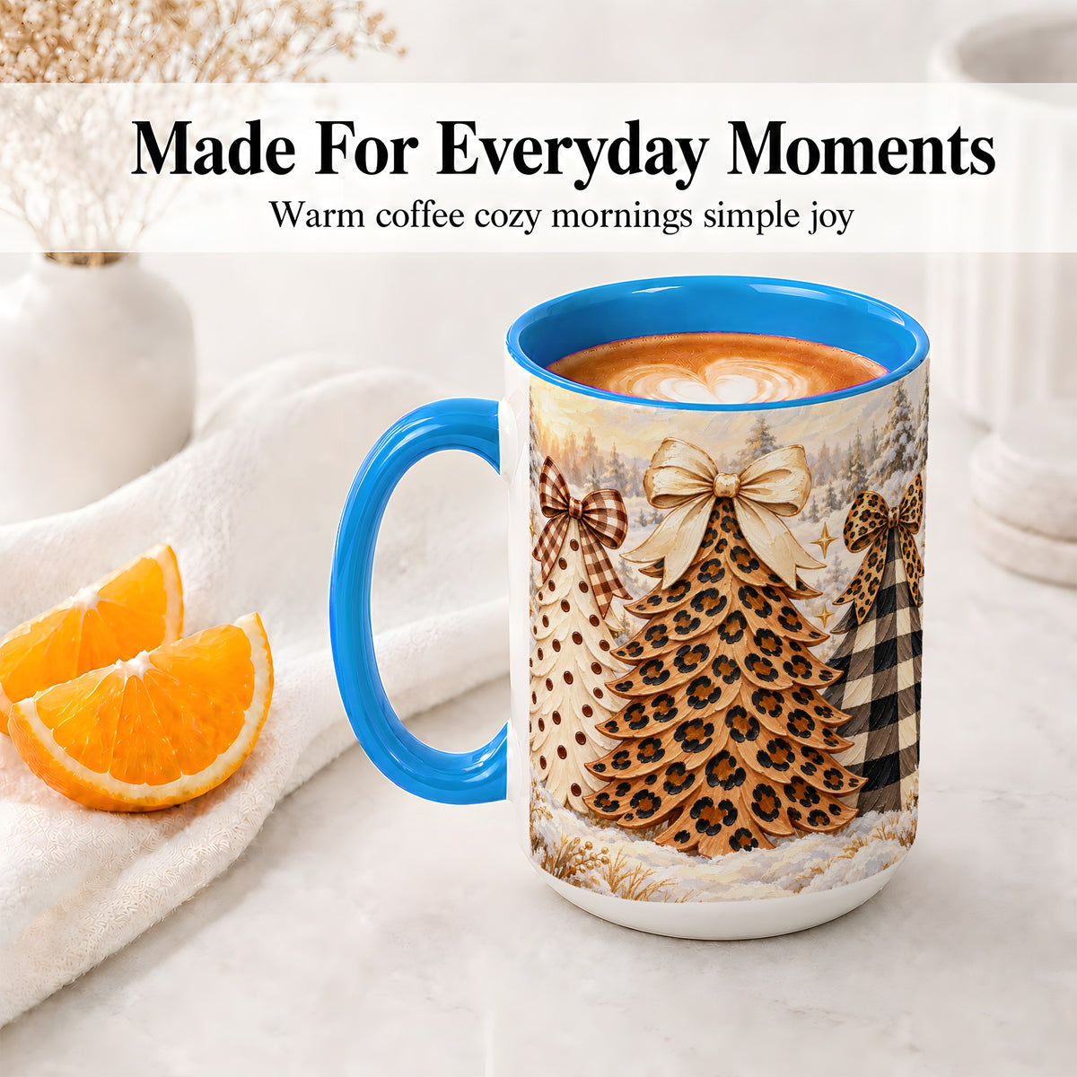 #pl[15oz|Blue] Leopard Print Christmas Trees Accent Mug, Ceramic Coffee Cup