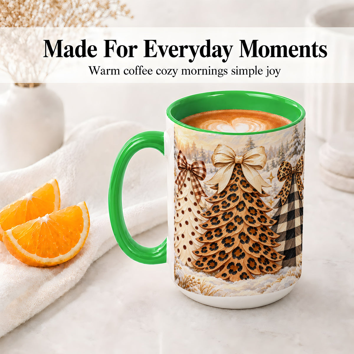 #pl[15oz|Green] Leopard Print Christmas Trees Accent Mug, Ceramic Coffee Cup