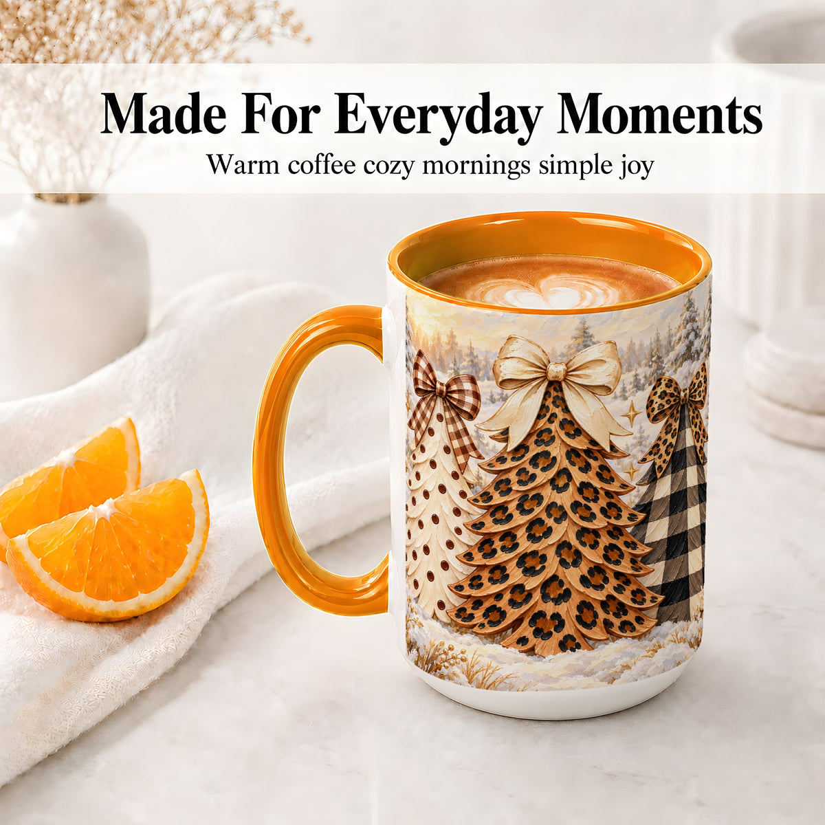 #pl[15oz|Orange] Leopard Print Christmas Trees Accent Mug, Ceramic Coffee Cup