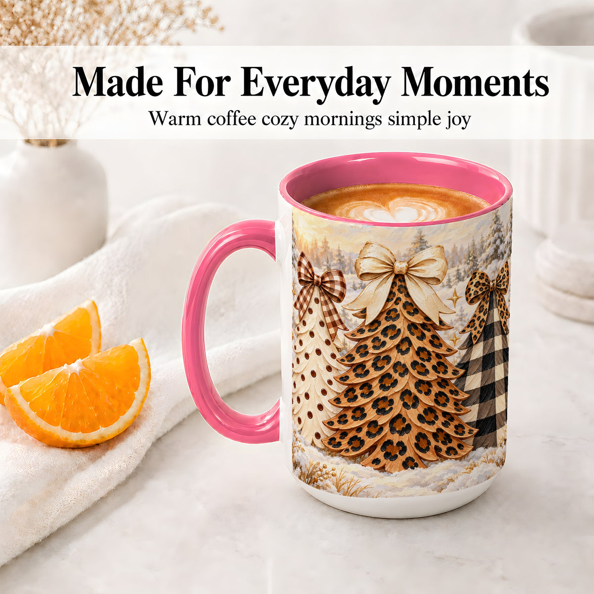 #pl[15oz|Pink] Leopard Print Christmas Trees Accent Mug, Ceramic Coffee Cup