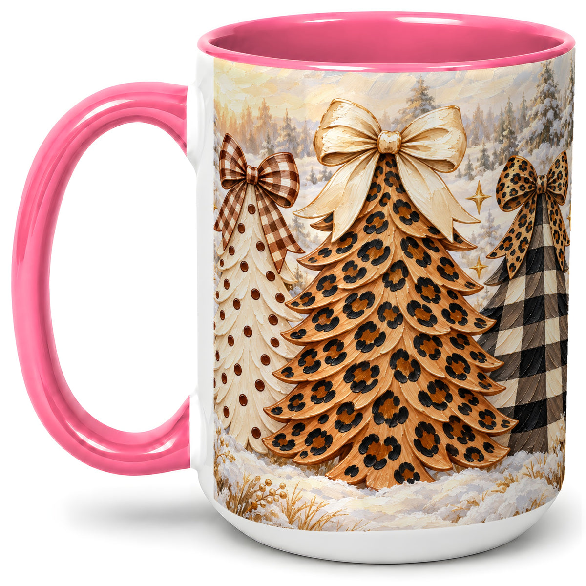 #pl[15oz|Pink] Leopard Print Christmas Trees Accent Mug, Ceramic Coffee Cup
