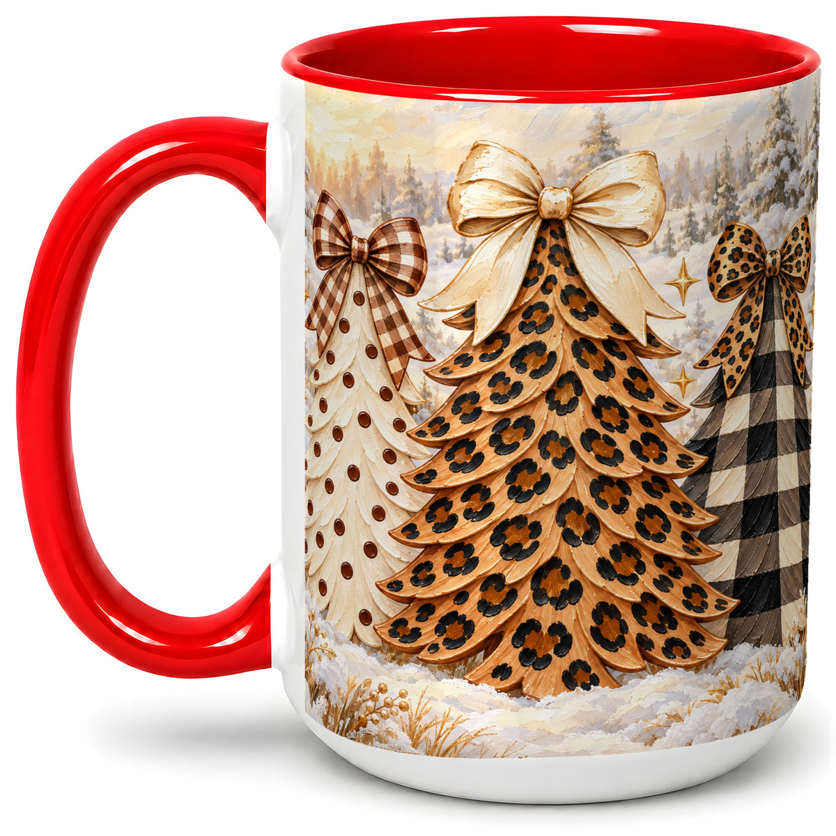 #pl[15oz|Red] Leopard Print Christmas Trees Accent Mug, Ceramic Coffee Cup