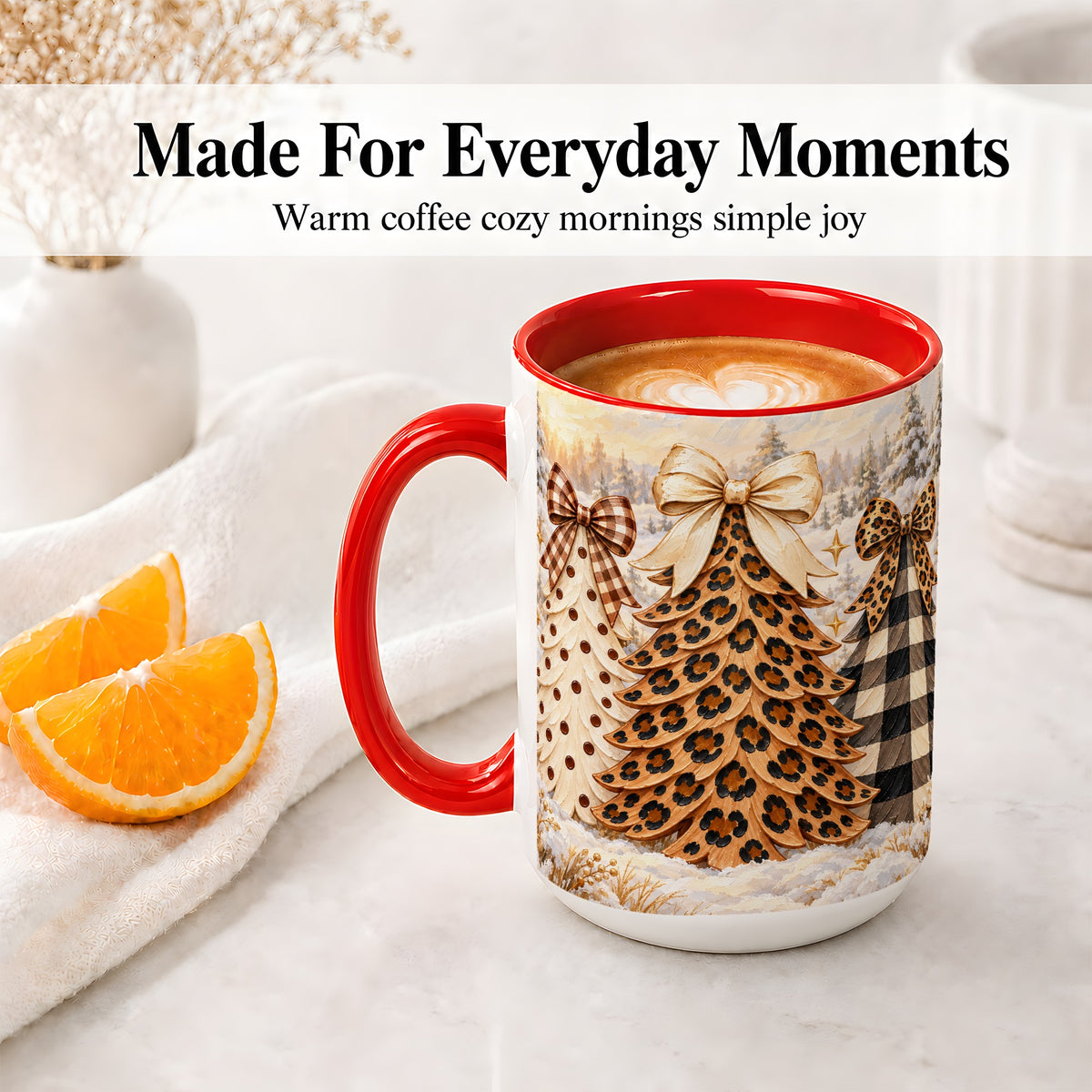 #pl[15oz|Red] Leopard Print Christmas Trees Accent Mug, Ceramic Coffee Cup
