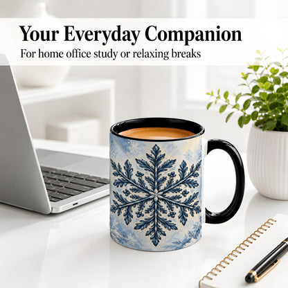 #pl[11oz|Black] Navy Blue Snowflake Accent Mug, Ceramic Coffee Cup Winter Art