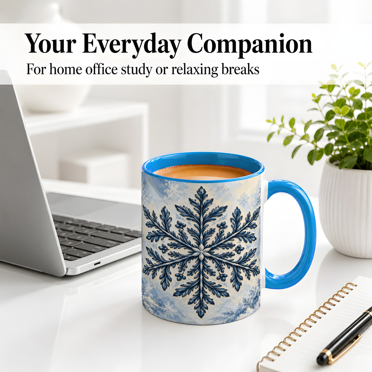 #pl[11oz|Blue] Navy Blue Snowflake Accent Mug, Ceramic Coffee Cup Winter Art