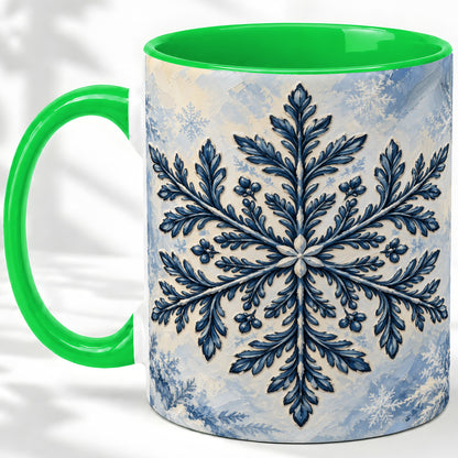 #pl[11oz|Green] Navy Blue Snowflake Accent Mug, Ceramic Coffee Cup Winter Art
