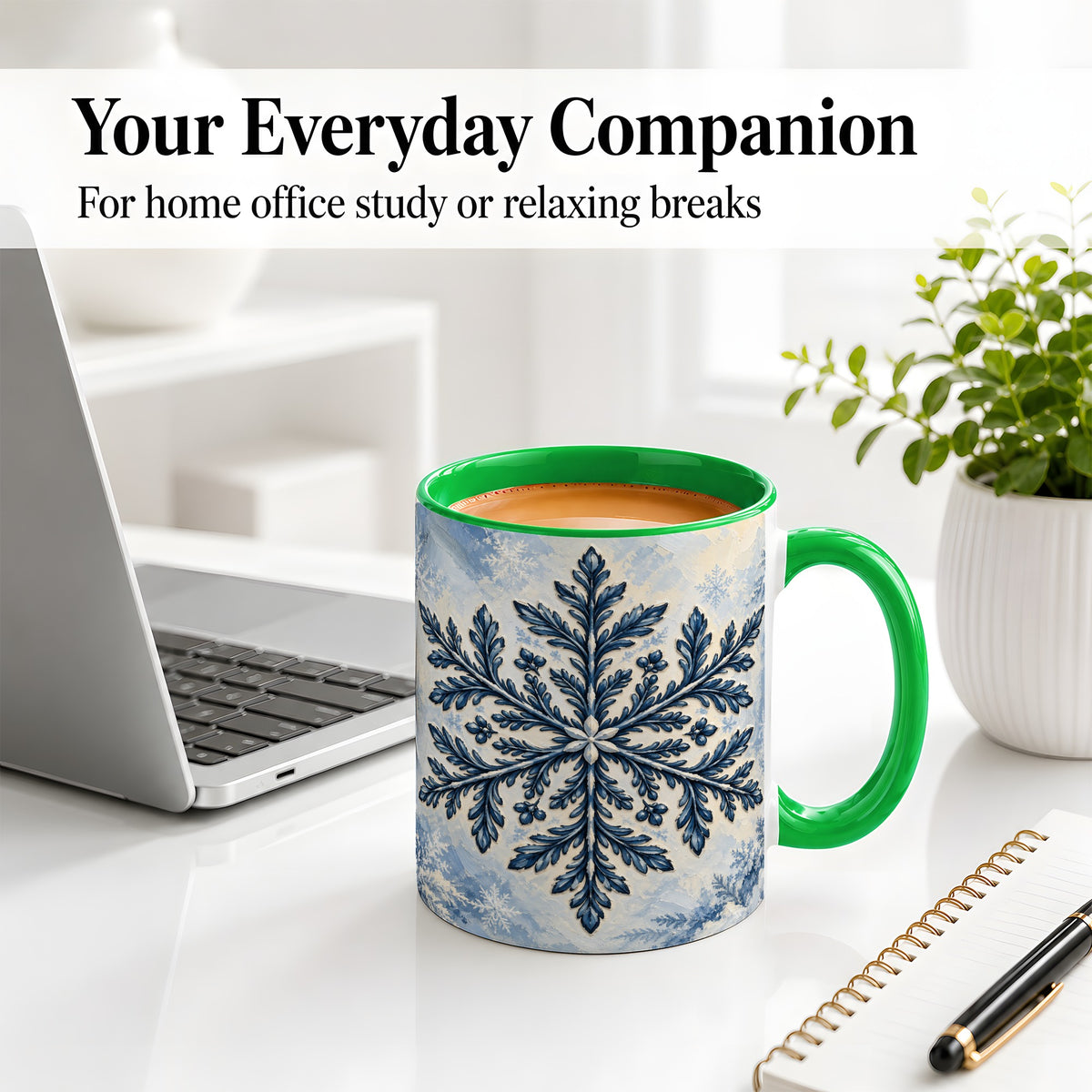 #pl[11oz|Green] Navy Blue Snowflake Accent Mug, Ceramic Coffee Cup Winter Art