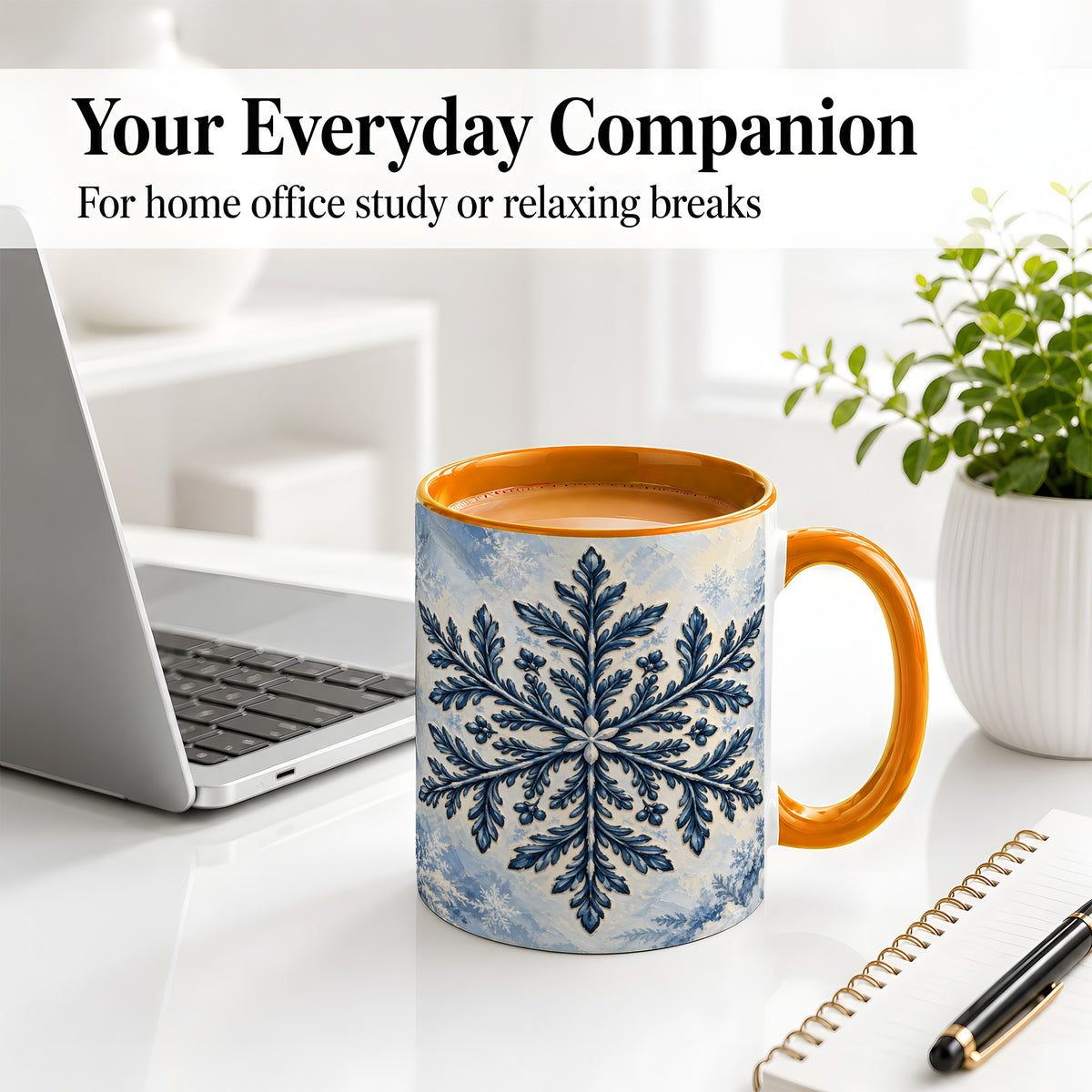 #pl[11oz|Orange] Navy Blue Snowflake Accent Mug, Ceramic Coffee Cup Winter Art