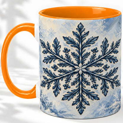 #pl[11oz|Orange] Navy Blue Snowflake Accent Mug, Ceramic Coffee Cup Winter Art