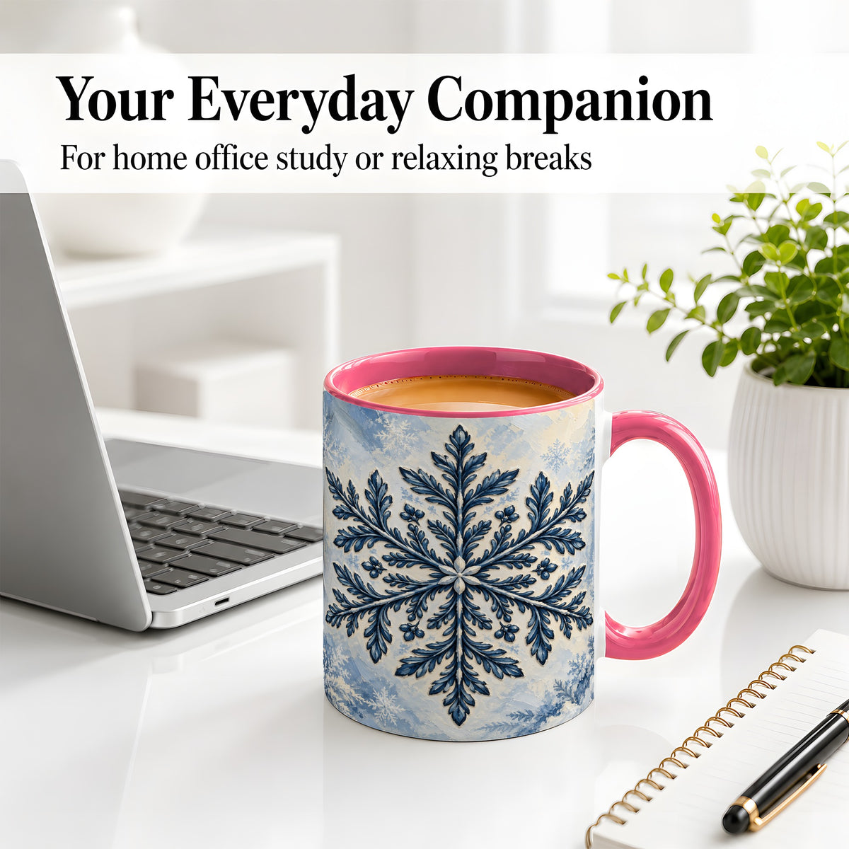#pl[11oz|Pink] Navy Blue Snowflake Accent Mug, Ceramic Coffee Cup Winter Art