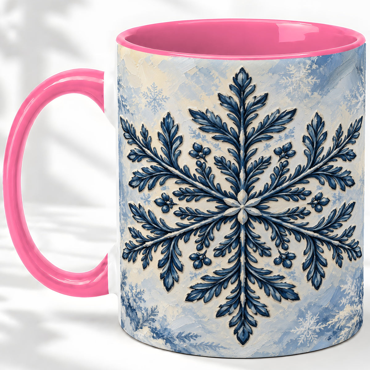 #pl[11oz|Pink] Navy Blue Snowflake Accent Mug, Ceramic Coffee Cup Winter Art