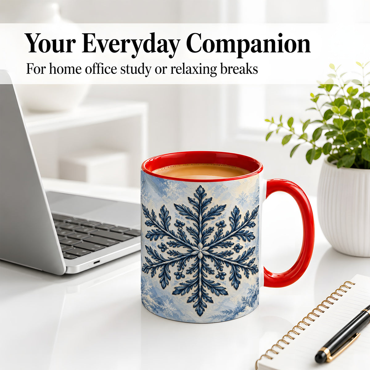 #pl[11oz|Red] Navy Blue Snowflake Accent Mug, Ceramic Coffee Cup Winter Art