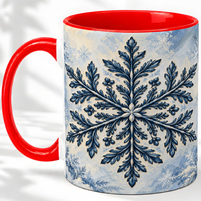 Navy Blue Snowflake Accent Mug, Ceramic Coffee Cup Winter Art