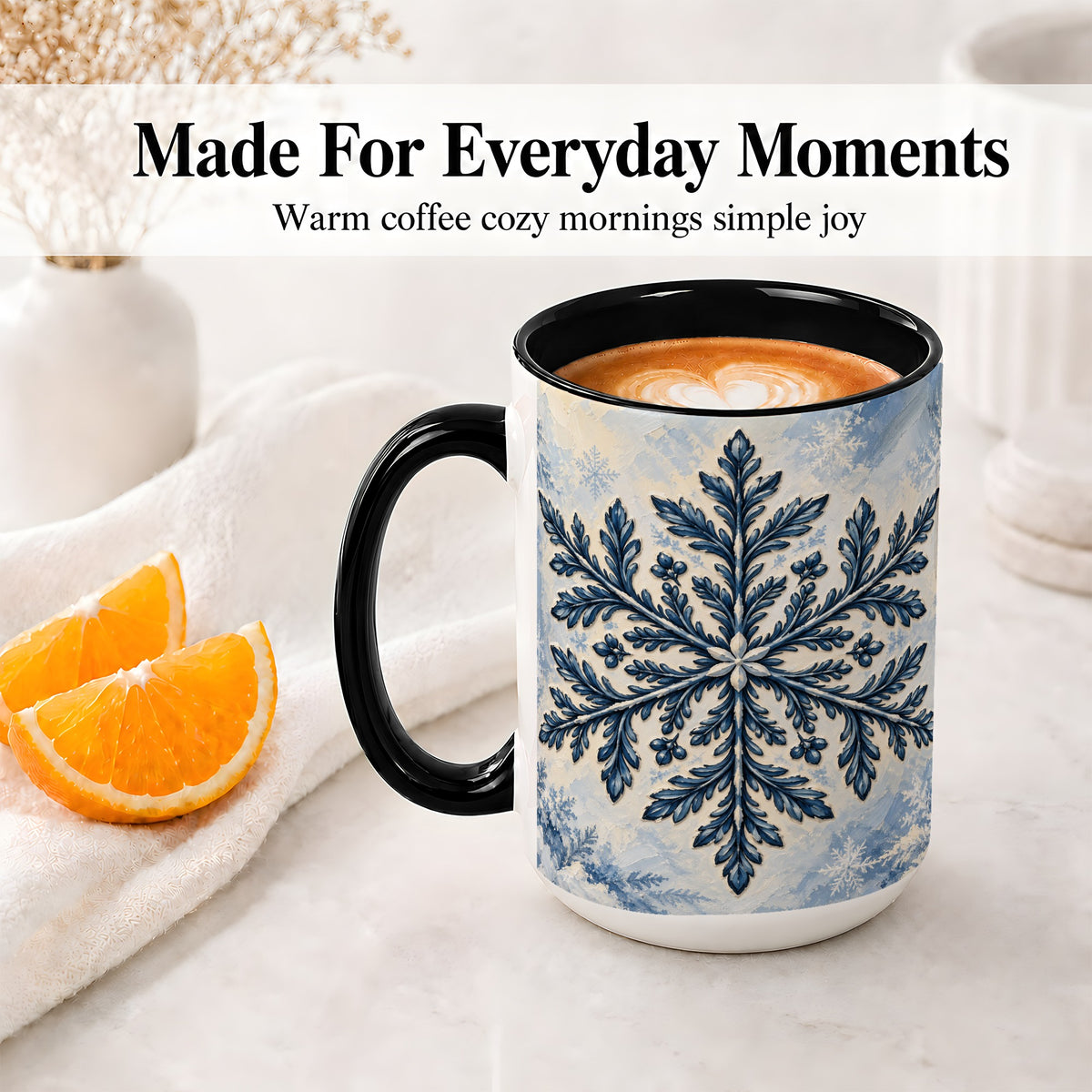 #pl[15oz|Black] Navy Blue Snowflake Accent Mug, Ceramic Coffee Cup Winter Art