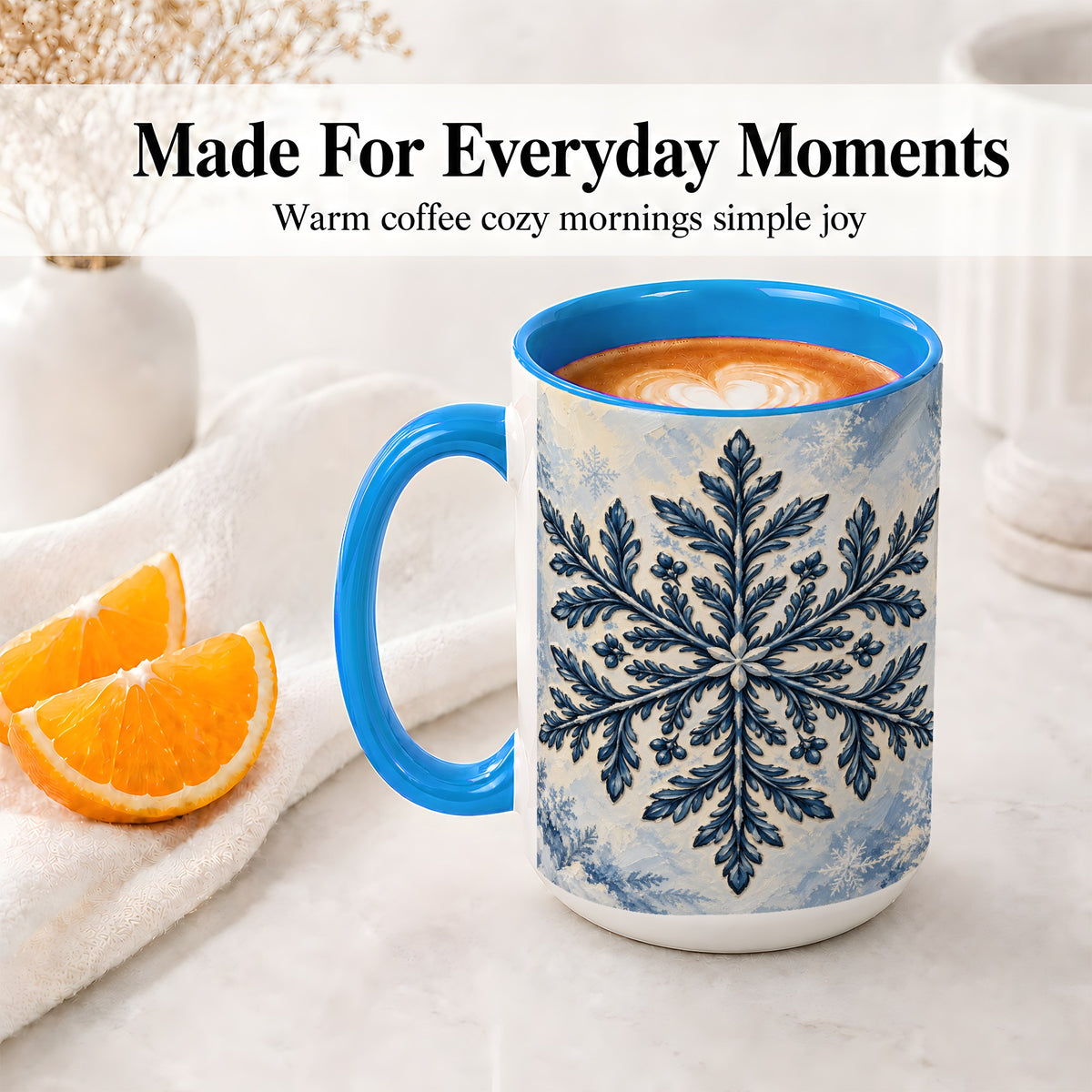#pl[15oz|Blue] Navy Blue Snowflake Accent Mug, Ceramic Coffee Cup Winter Art