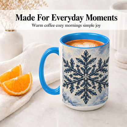 #pl[15oz|Blue] Navy Blue Snowflake Accent Mug, Ceramic Coffee Cup Winter Art
