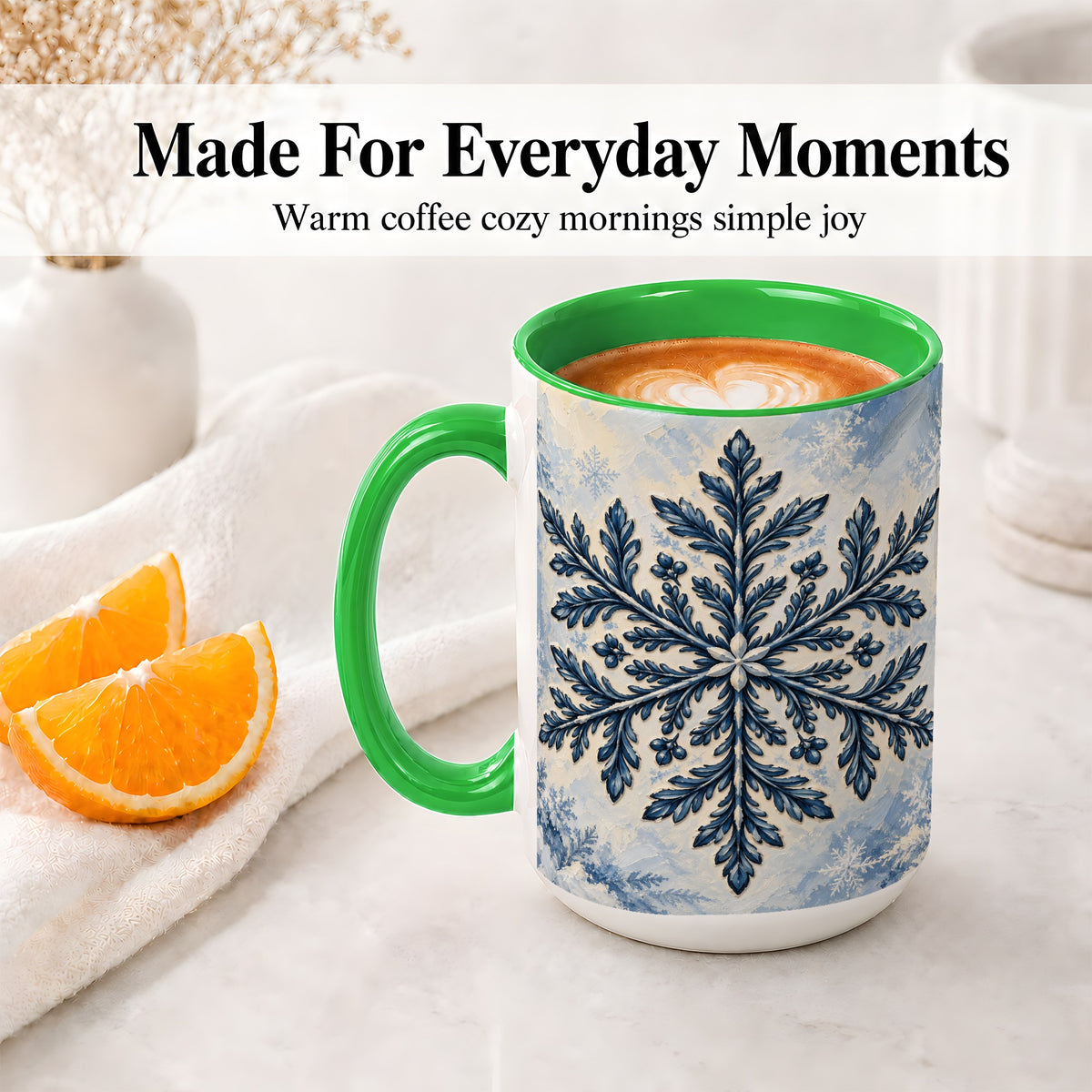 #pl[15oz|Green] Navy Blue Snowflake Accent Mug, Ceramic Coffee Cup Winter Art