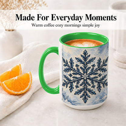 #pl[15oz|Green] Navy Blue Snowflake Accent Mug, Ceramic Coffee Cup Winter Art