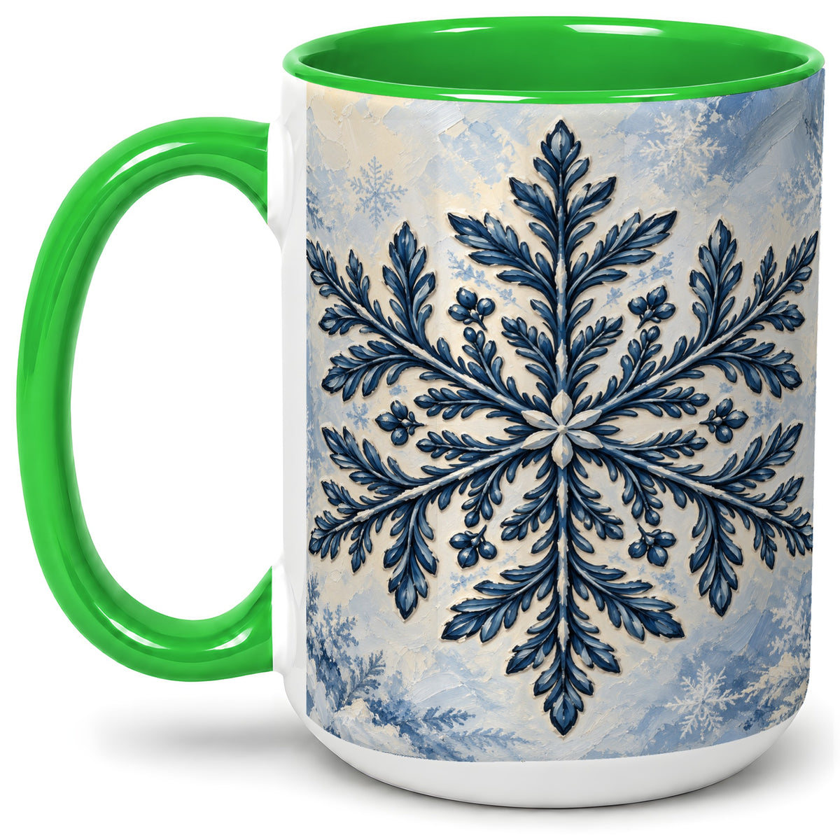 #pl[15oz|Green] Navy Blue Snowflake Accent Mug, Ceramic Coffee Cup Winter Art