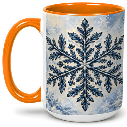 #pl[15oz|Orange] Navy Blue Snowflake Accent Mug, Ceramic Coffee Cup Winter Art