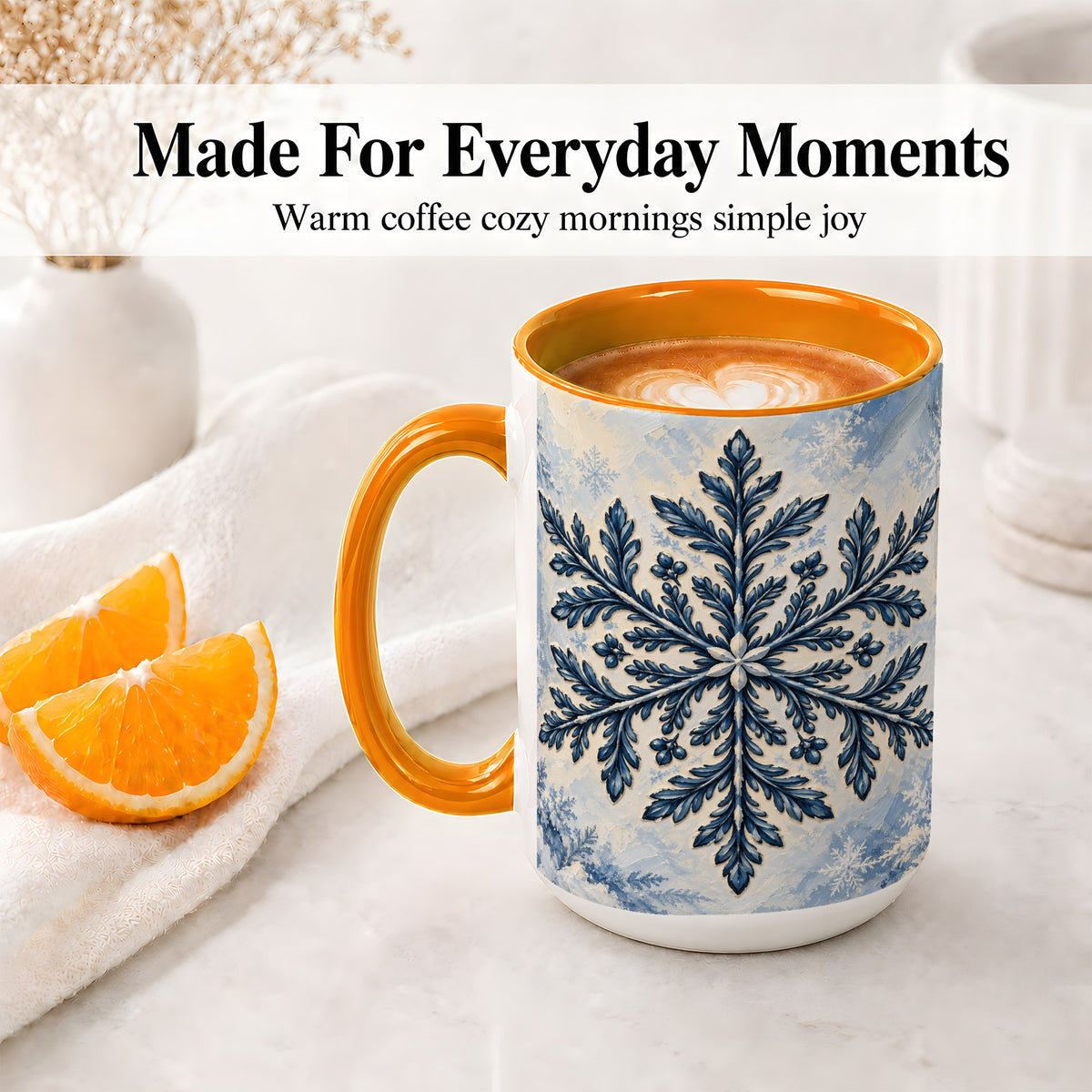 #pl[15oz|Orange] Navy Blue Snowflake Accent Mug, Ceramic Coffee Cup Winter Art