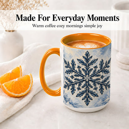 #pl[15oz|Orange] Navy Blue Snowflake Accent Mug, Ceramic Coffee Cup Winter Art