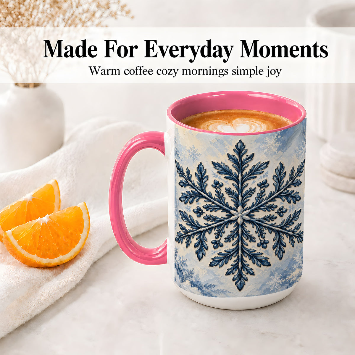 #pl[15oz|Pink] Navy Blue Snowflake Accent Mug, Ceramic Coffee Cup Winter Art