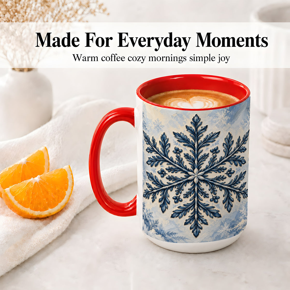 #pl[15oz|Red] Navy Blue Snowflake Accent Mug, Ceramic Coffee Cup Winter Art
