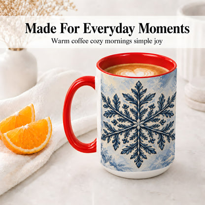 #pl[15oz|Red] Navy Blue Snowflake Accent Mug, Ceramic Coffee Cup Winter Art