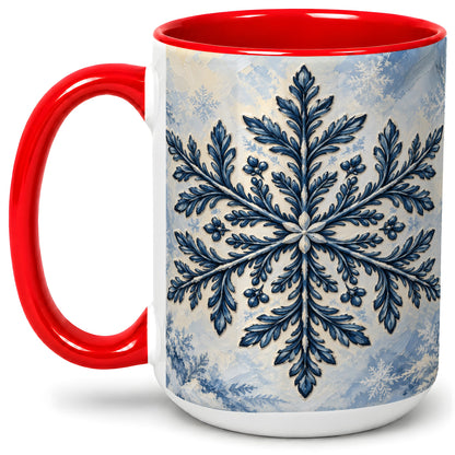 #pl[15oz|Red] Navy Blue Snowflake Accent Mug, Ceramic Coffee Cup Winter Art