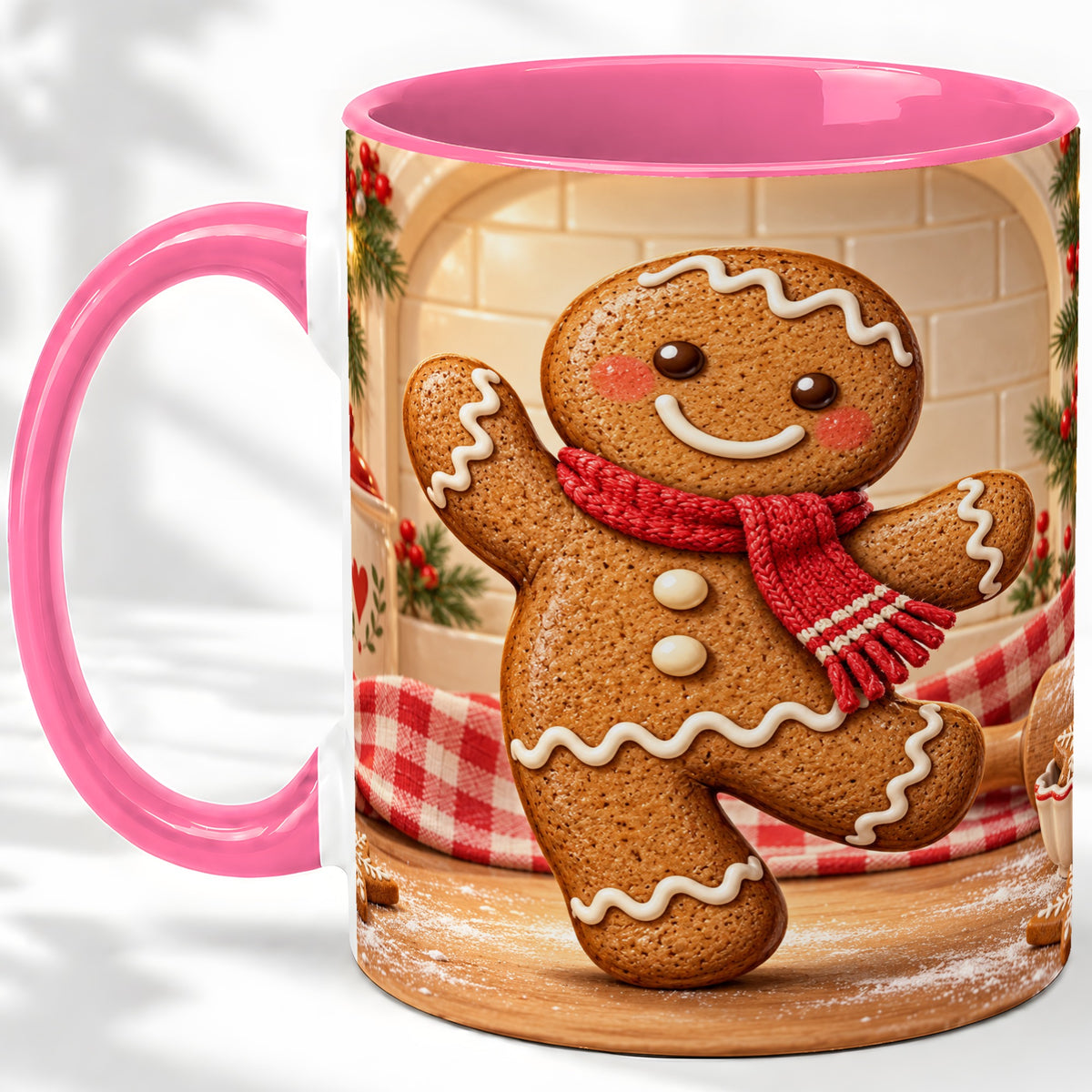 #pl[11oz|Pink] Gingerbread Cookie Accent Mug, Ceramic Christmas Coffee Cup