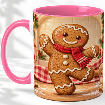#pl[11oz|Pink] Gingerbread Cookie Accent Mug, Ceramic Christmas Coffee Cup