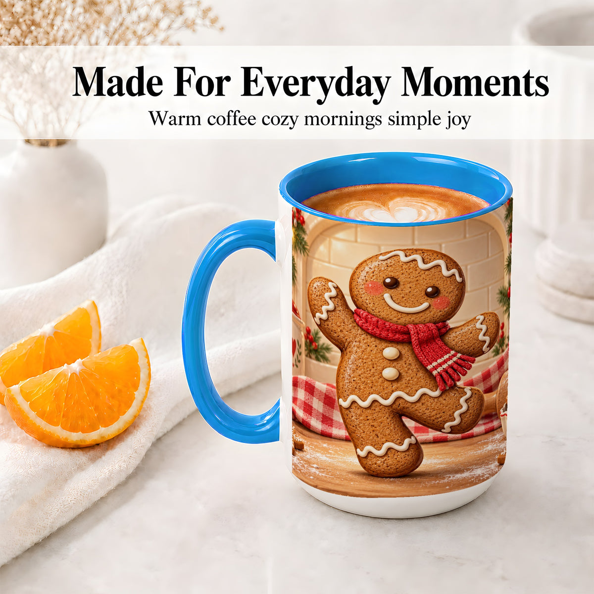 #pl[15oz|Blue] Gingerbread Cookie Accent Mug, Ceramic Christmas Coffee Cup