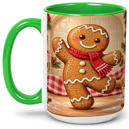 #pl[15oz|Green] Gingerbread Cookie Accent Mug, Ceramic Christmas Coffee Cup