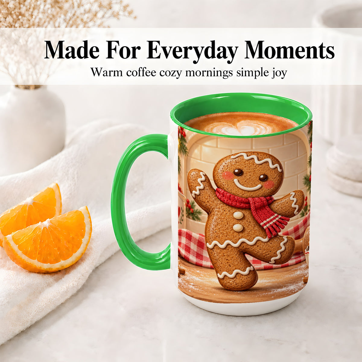 #pl[15oz|Green] Gingerbread Cookie Accent Mug, Ceramic Christmas Coffee Cup