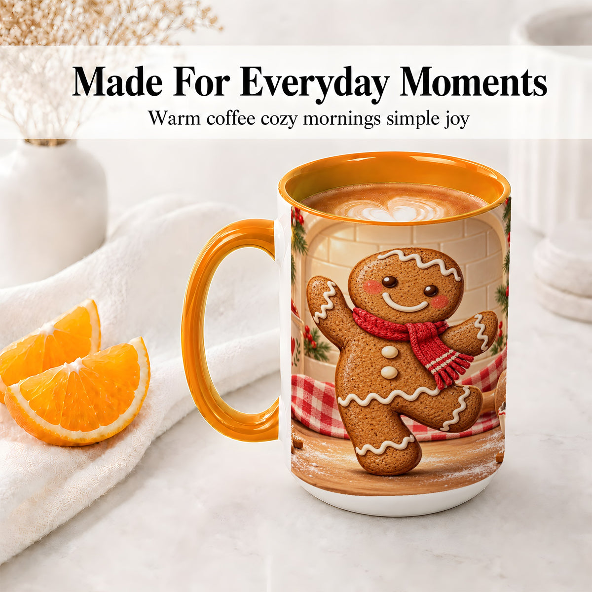 #pl[15oz|Orange] Gingerbread Cookie Accent Mug, Ceramic Christmas Coffee Cup