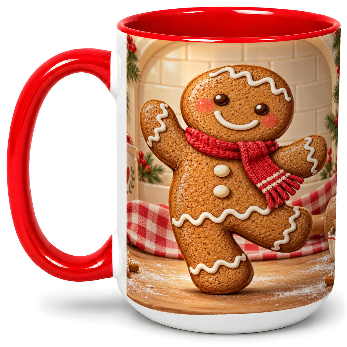 #pl[15oz|Red] Gingerbread Cookie Accent Mug, Ceramic Christmas Coffee Cup