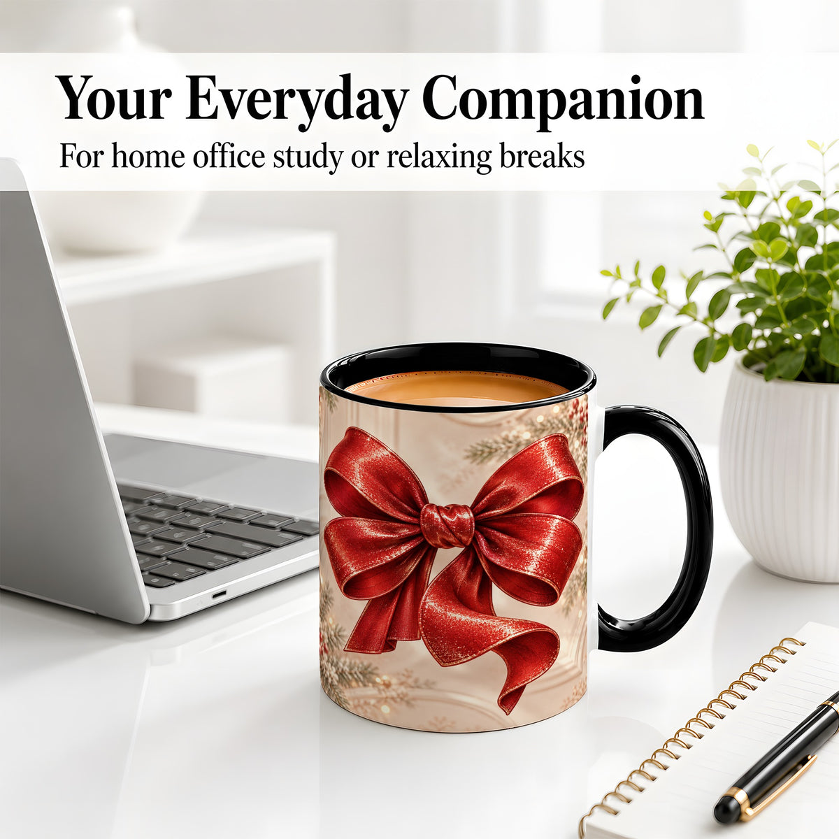 #pl[11oz|Black] Red Christmas Bow Accent Mug, Ceramic Coffee Cup Holiday Ribbon