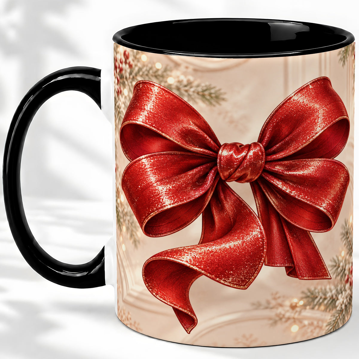 #pl[11oz|Black] Red Christmas Bow Accent Mug, Ceramic Coffee Cup Holiday Ribbon