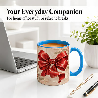 #pl[11oz|Blue] Red Christmas Bow Accent Mug, Ceramic Coffee Cup Holiday Ribbon