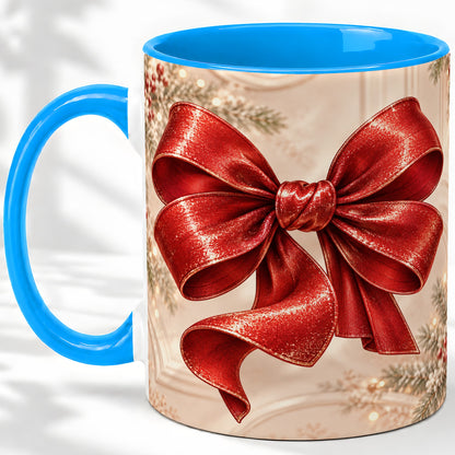 #pl[11oz|Blue] Red Christmas Bow Accent Mug, Ceramic Coffee Cup Holiday Ribbon