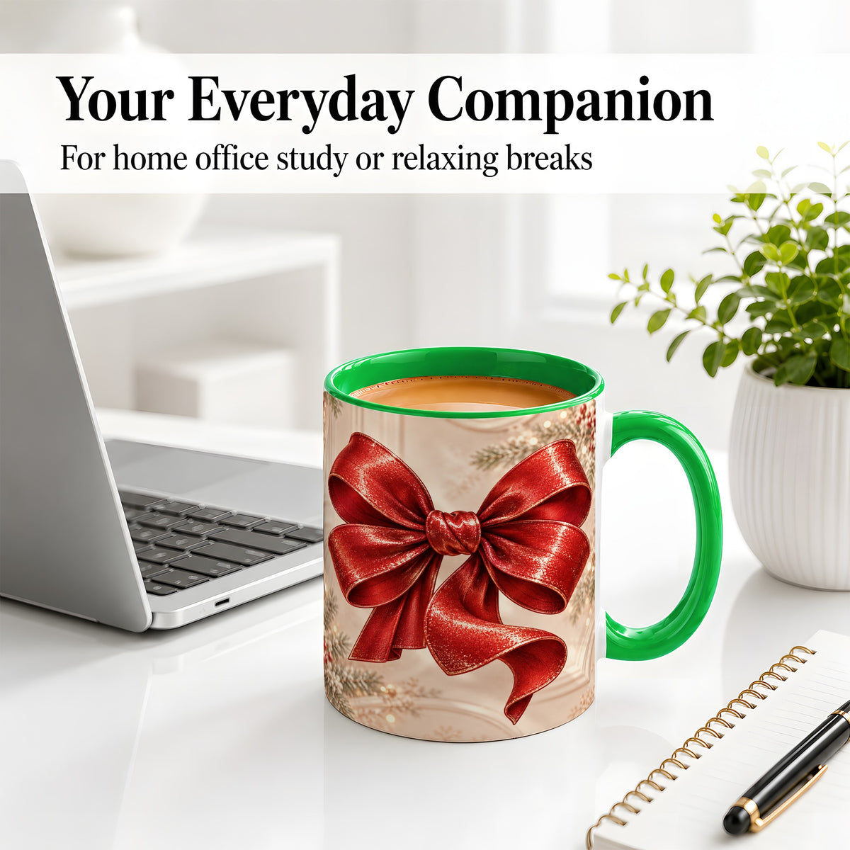 #pl[11oz|Green] Red Christmas Bow Accent Mug, Ceramic Coffee Cup Holiday Ribbon