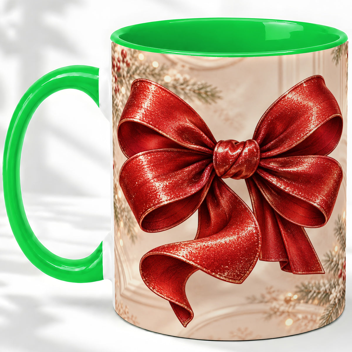 #pl[11oz|Green] Red Christmas Bow Accent Mug, Ceramic Coffee Cup Holiday Ribbon