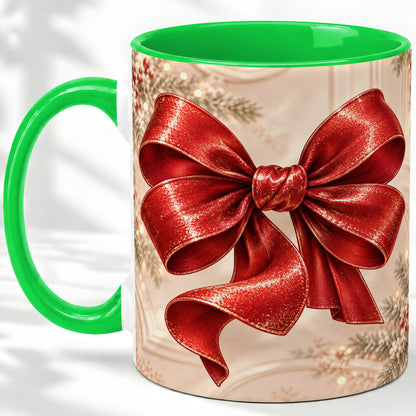 #pl[11oz|Green] Red Christmas Bow Accent Mug, Ceramic Coffee Cup Holiday Ribbon