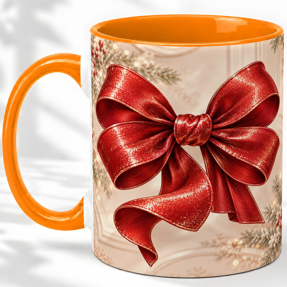 #pl[11oz|Orange] Red Christmas Bow Accent Mug, Ceramic Coffee Cup Holiday Ribbon