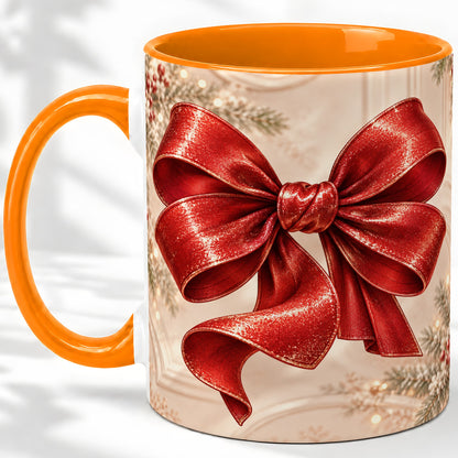 #pl[11oz|Orange] Red Christmas Bow Accent Mug, Ceramic Coffee Cup Holiday Ribbon